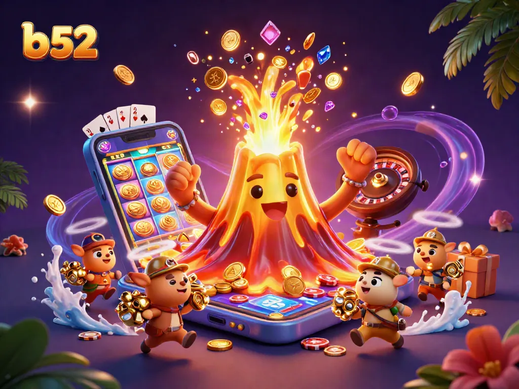 Engaging scene of a triumphant b 52 volcano pouring coins and treasures, captivating gamers and bettors.