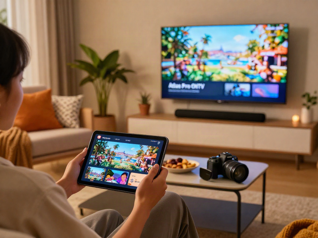 Utilisation de l'application Atlas Pro ONTV dans un salon moderne avec TV affichant du contenu en direct.