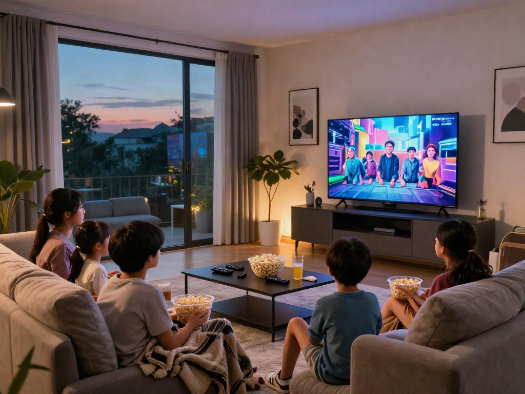 Family enjoying movie night with Iron tv in a cozy living room setting.