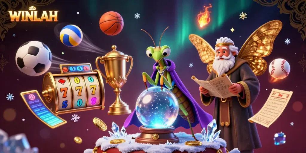 Engage with WINLAH's vibrant gaming experience, highlighting slots and sports betting in a rich 3D illustration.