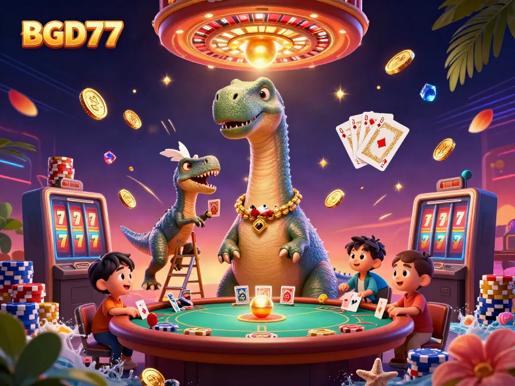 BGD77 casino promotes an engaging gaming atmosphere with a playful dinosaur and raptor dealer.