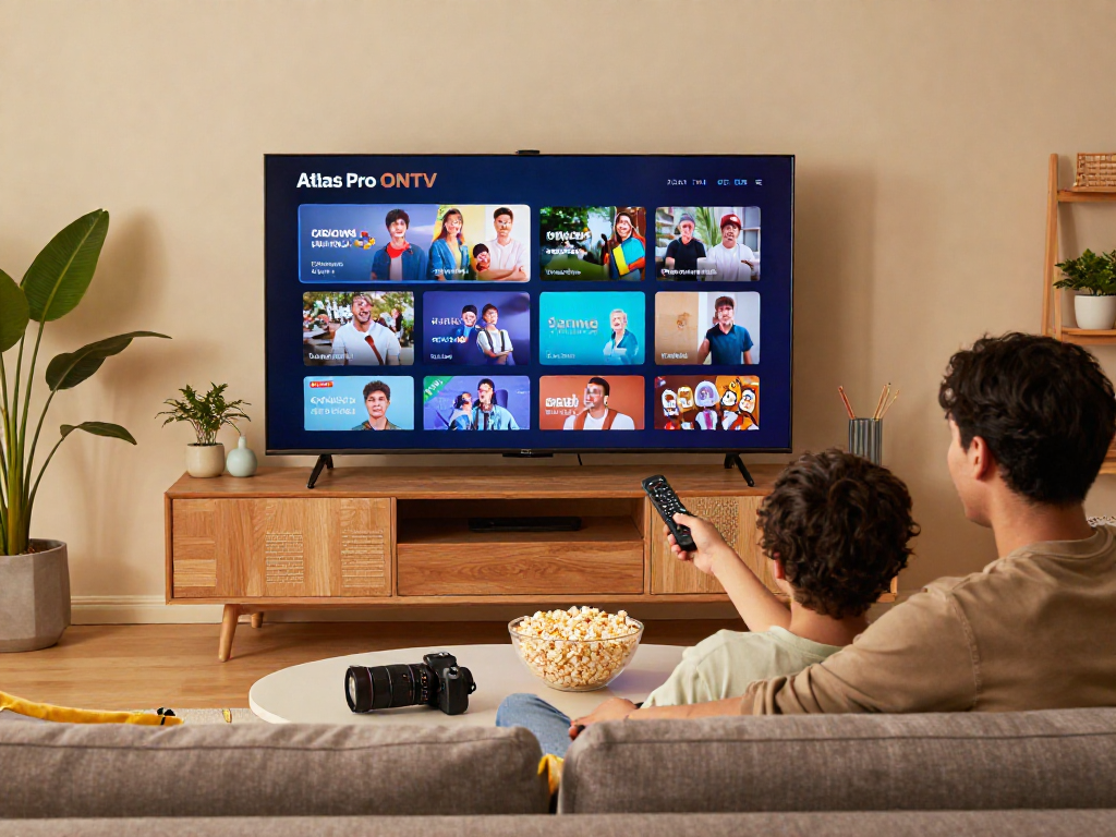 Couple utilisant Atlas Pro ONTV sur leur TV grand écran dans un salon moderne et confortable.