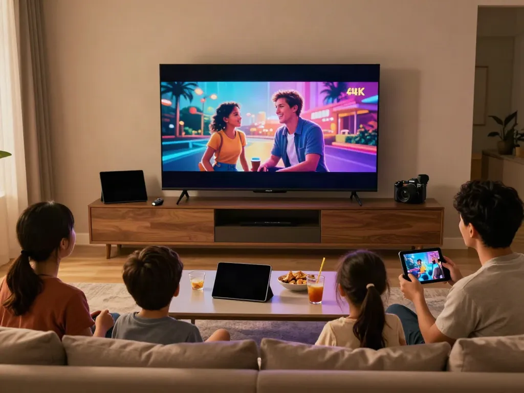 Abonnement iron tv pro xtream codes dans un salon moderne avec une famille regardant des contenus en 4K.