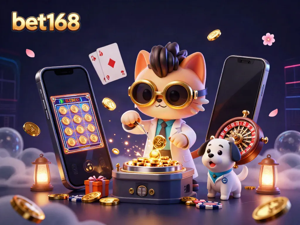 Experience exciting gameplay at bet168 with a mad scientist cat creating a gold-coin-replication machine in a vibrant casino scene.