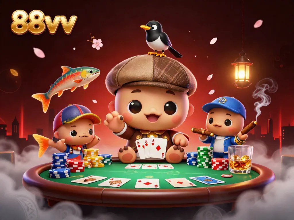 Engage in thrilling gameplay with 88vvv featuring a 3D cartoon baby Nessie, poker scene, and vibrant characters.