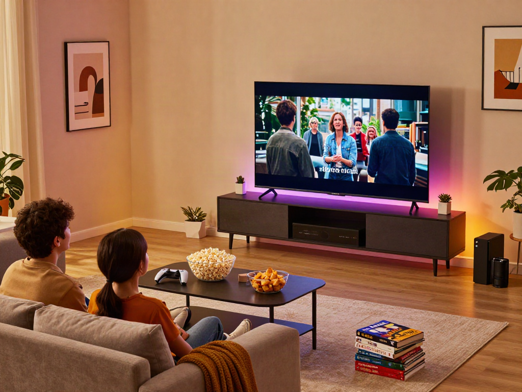 Configuration moderne avec Iron TV et famille regardant un film ensemble dans un salon accueillant.