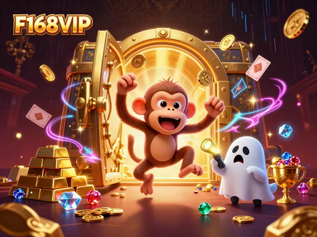 F168VIP showcases an animated poltergeist monkey juggling coins in a vibrant, haunted casino.