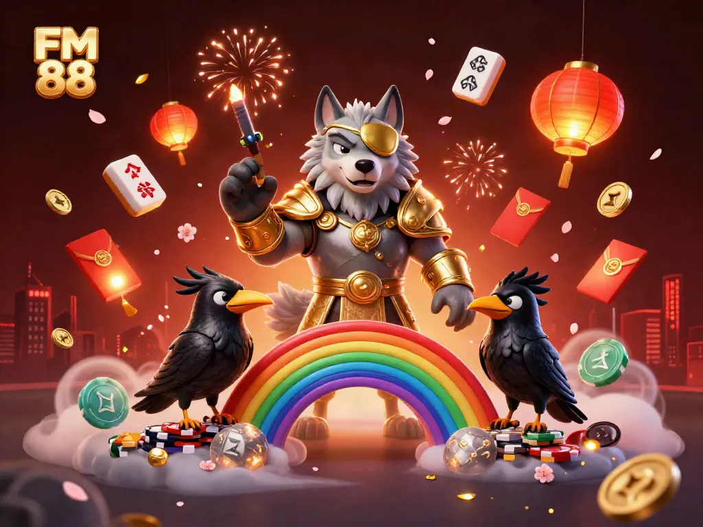 Experience excitement at FM 88 with vibrant 3D casino illustration of Odin and ravens amidst treasures.